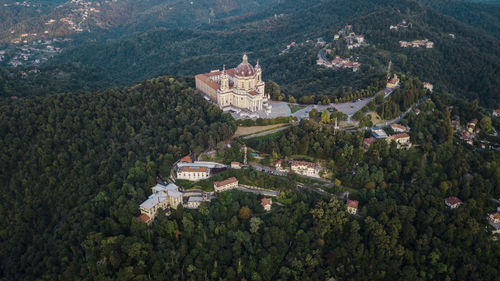 Aerial drone photograph of basilica superga, turin, italy.
