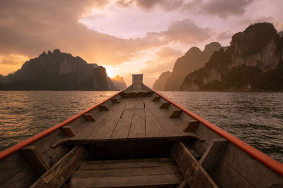 Ship nose front view long tail boat at ratchaprapa dam, suratthani, thailand