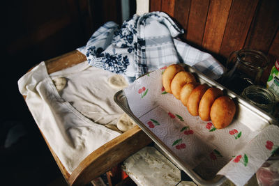 High angle view of breakfast on table