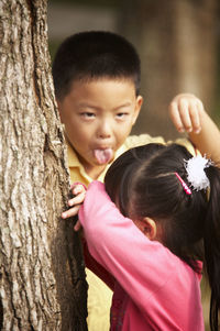 Boy teasing girl by tree trunk at park