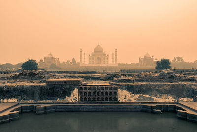 View of buildings against clear sky during sunset