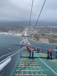 High angle view of bridge over bay against sky