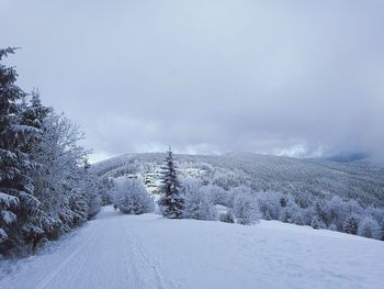 Snow covered landscape against sky