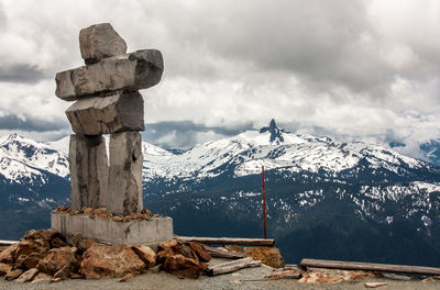 Built structure on snowcapped mountains against sky