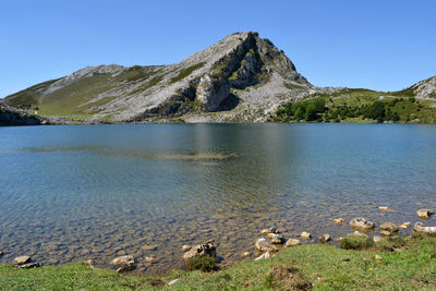 Scenic view of lake and mountains against clear sky