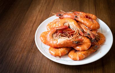 High angle view of seafood in plate on table