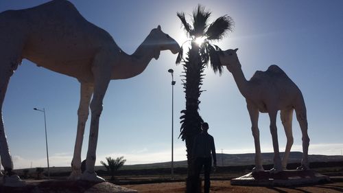 Full length of standing by camel statues on field against blue sky