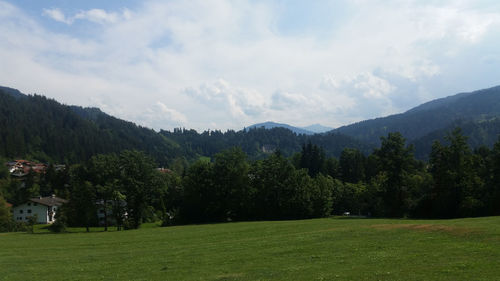 Scenic view of trees and mountains against sky