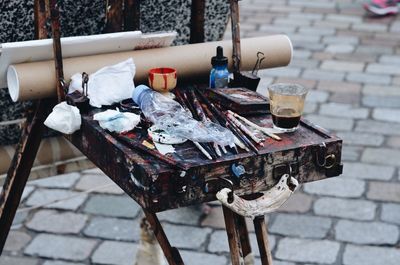 High angle view of paint brushes on table