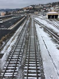 High angle view of railroad tracks during winter
