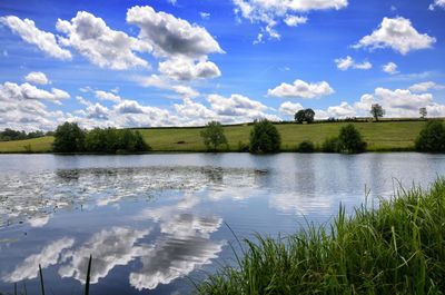 Scenic view of lake against cloudy sky