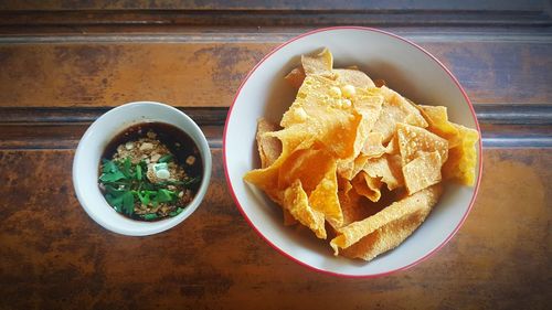 High angle view of food served on table