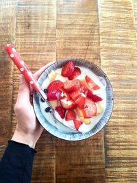 High angle view of breakfast served on table