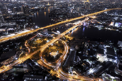 High angle view of illuminated cityscape