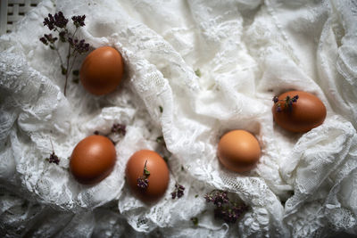 High angle view of eggs in container