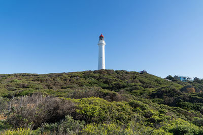 Low angle view of lighthouse by building against sky