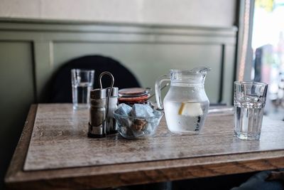 Close-up of drink in glass jar on table