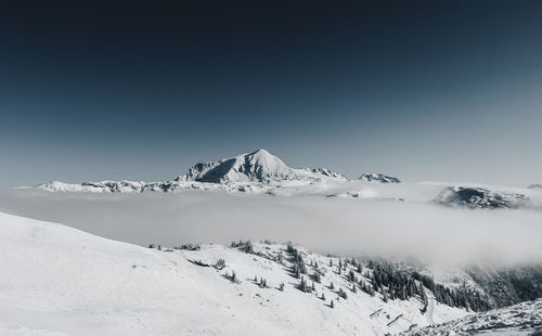 Scenic view of snowcapped mountains against clear blue sky