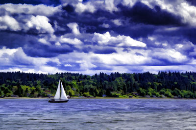 Boat sailing in sea against cloudy sky
