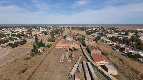 High angle view of buildings against sky