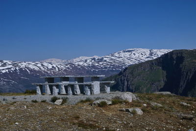 Scenic view of snowcapped mountains against clear blue sky
