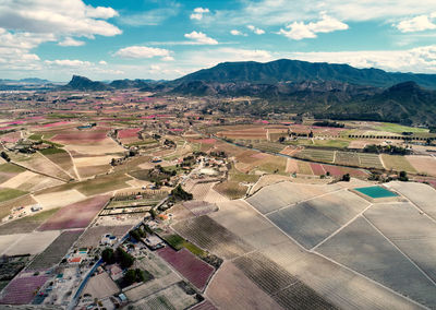 Aerial view of field against cloudy sky