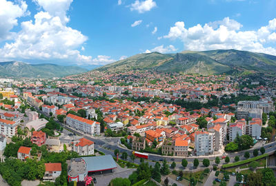 High angle shot of townscape against sky