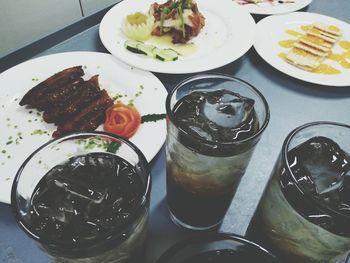 High angle view of food served on table