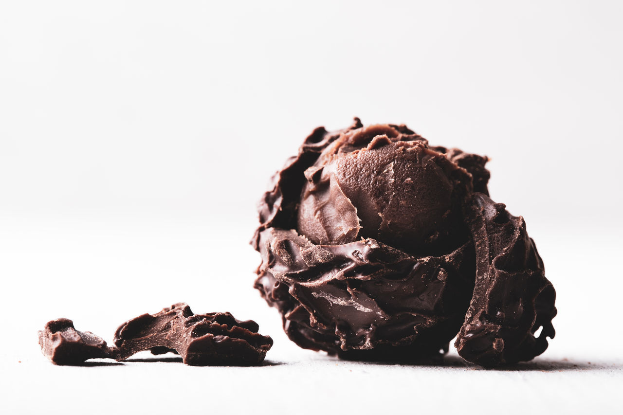 CLOSE-UP OF CHOCOLATE CAKE ON WHITE BACKGROUND