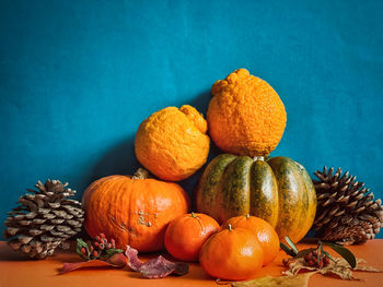 High angle view of pumpkins on table