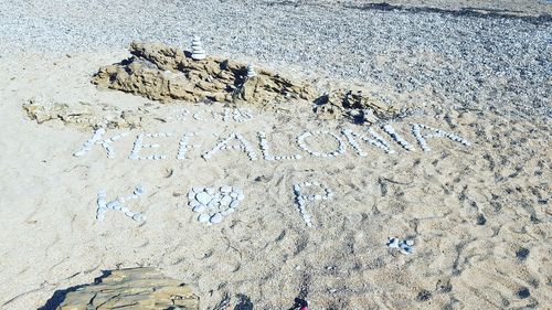 High angle view of text on beach