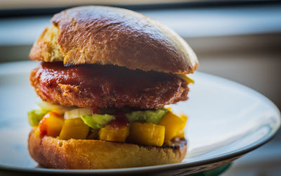 Close-up of burger in plate