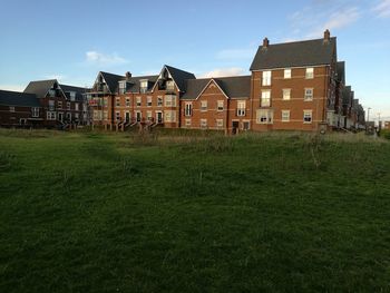 Houses on field by buildings against sky