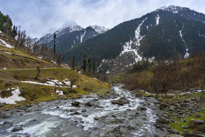 Scenic view of snowcapped mountains against sky