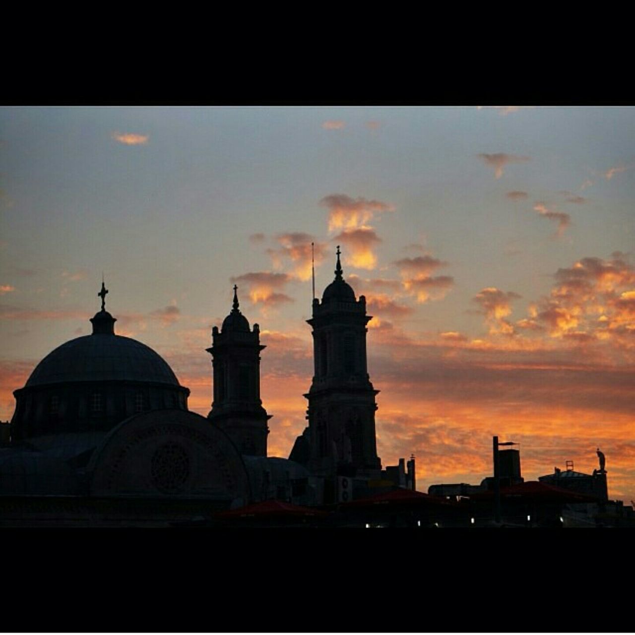 architecture, building exterior, built structure, sunset, sky, silhouette, dome, cloud - sky, place of worship, city, transfer print, orange color, religion, church, dusk, auto post production filter, travel destinations, low angle view, spirituality