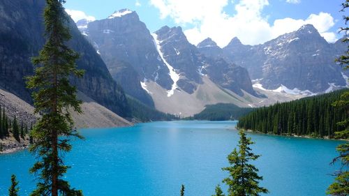 Scenic view of lake and mountains against sky