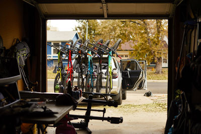 A six bike rack full of mountain bikes and ready to go.