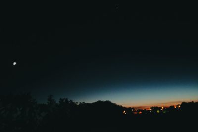 Silhouette trees against clear sky at night