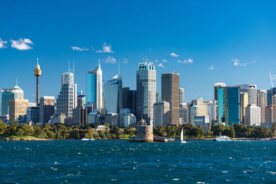 Sydney cityscape of sydney cbd with ferries and yachts over sydney harbour