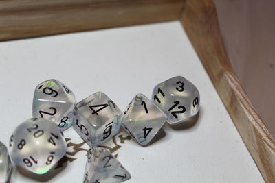 High angle view of text on white table