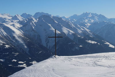 Scenic view of snow covered mountains