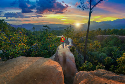 Rear view of man standing on rock against sky during sunset