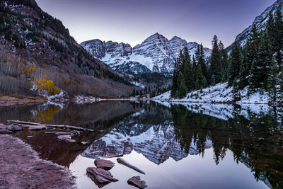 Scenic view of lake and snowcapped mountains against sky