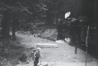 Man cycling on road amidst trees on field