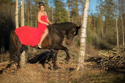 A young woman wearing a red dress rides a horse in the evening in the soft sunlight