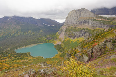 Looking down at grinnell lake in glacier national park in montana in the fall