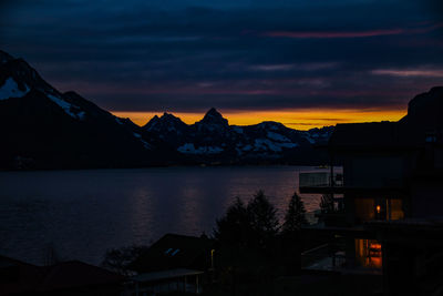 Scenic view of lake and mountains against sky during sunset