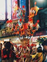 Low angle view of flowering plants hanging against blurred background