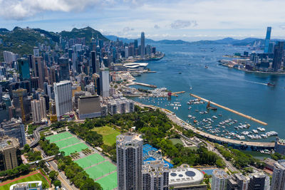 High angle view of city buildings