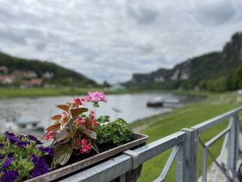 Scenic view of lake against cloudy sky